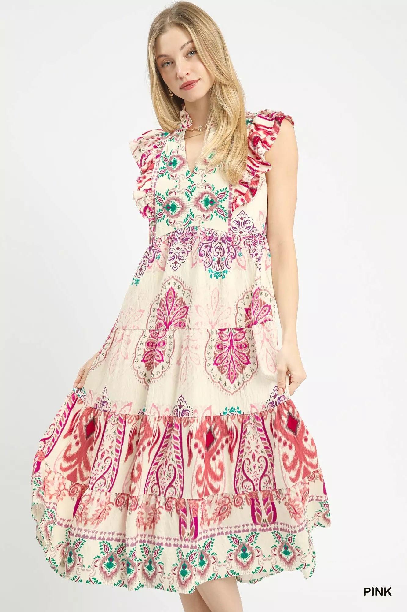 Umgee Boho Border Print Ruffle Midi Dress - Flowy Chic