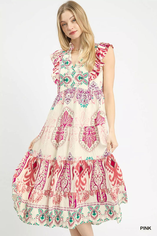 Umgee Boho Border Print Ruffle Midi Dress - Flowy Chic