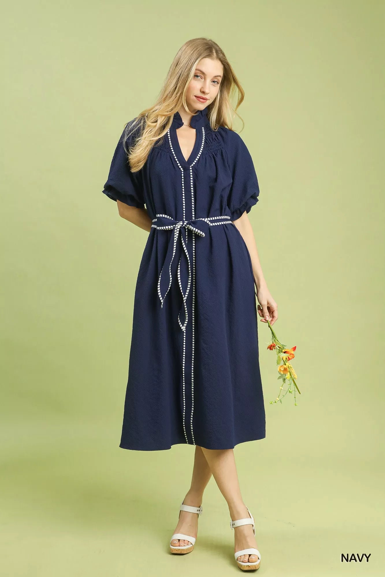 Umgee Ruffle Collar Stripe Trim Midi Dress - Boho Flair