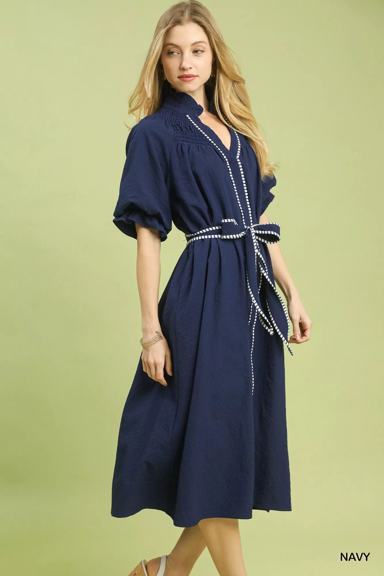 Umgee Ruffle Collar Stripe Trim Midi Dress - Boho Flair