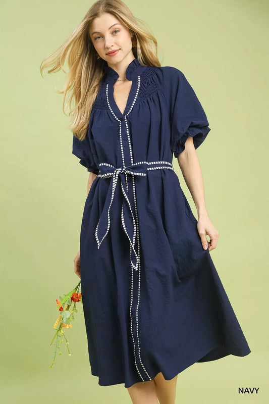 Umgee Ruffle Collar Stripe Trim Midi Dress - Boho Flair