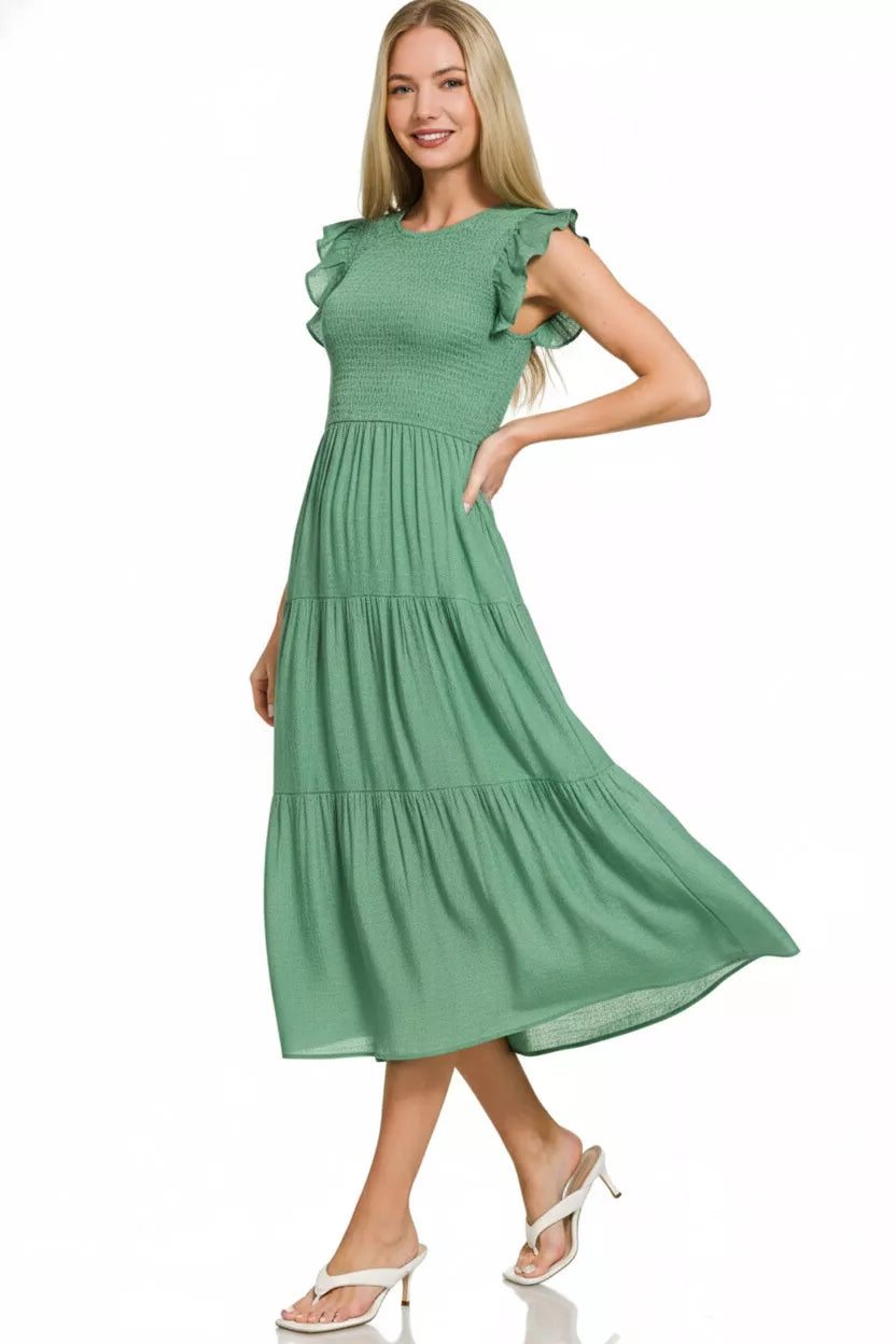 Zenana Smocked Ruffle Sleeve Midi Dress - Tiered Flow