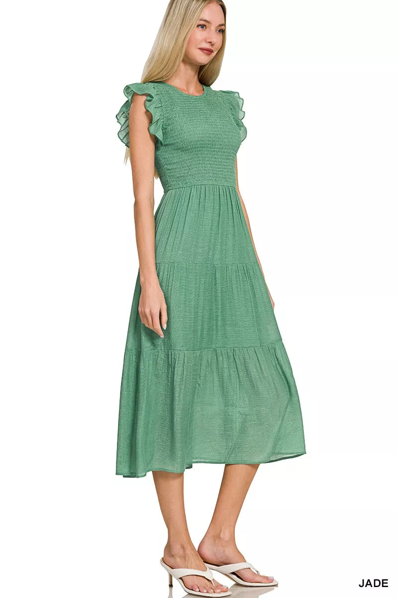 Zenana Smocked Ruffle Sleeve Midi Dress - Tiered Flow