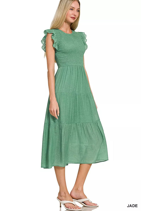 Zenana Smocked Ruffle Sleeve Midi Dress - Tiered Flow