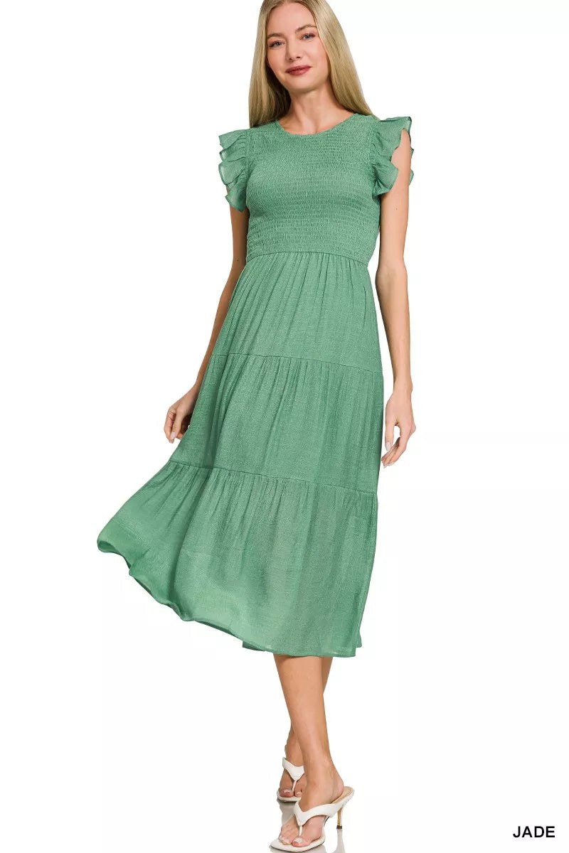 Zenana Smocked Ruffle Sleeve Midi Dress - Tiered Flow