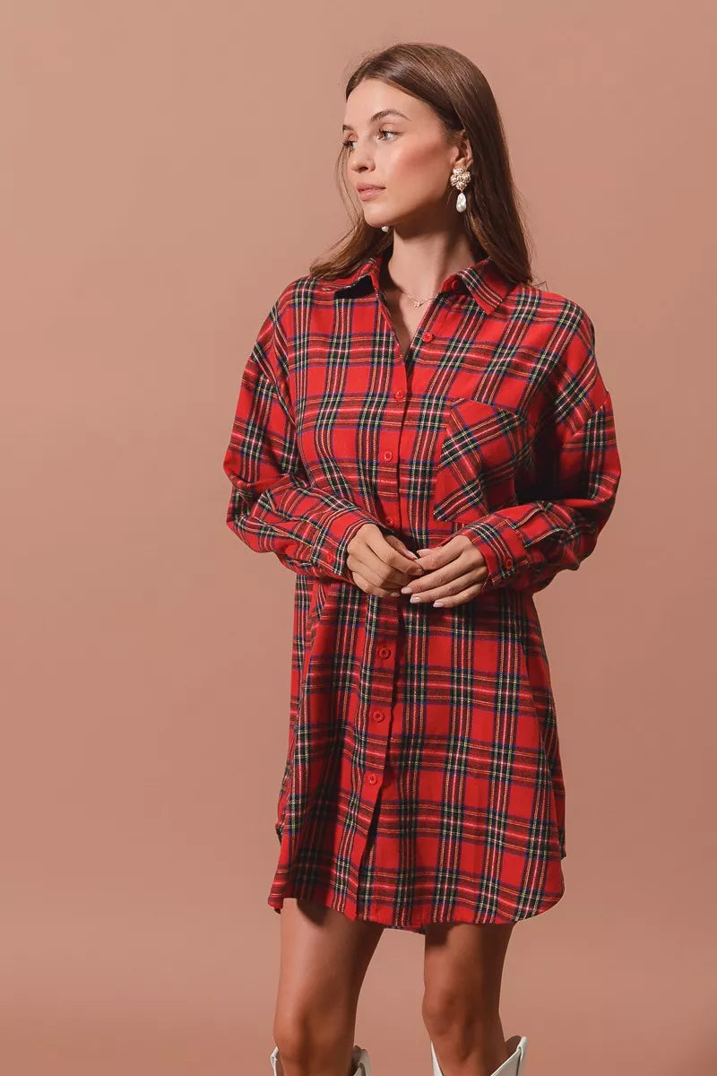 SO ME Christmas Checker Plaid Button Up Shirt Dress – Festive Style