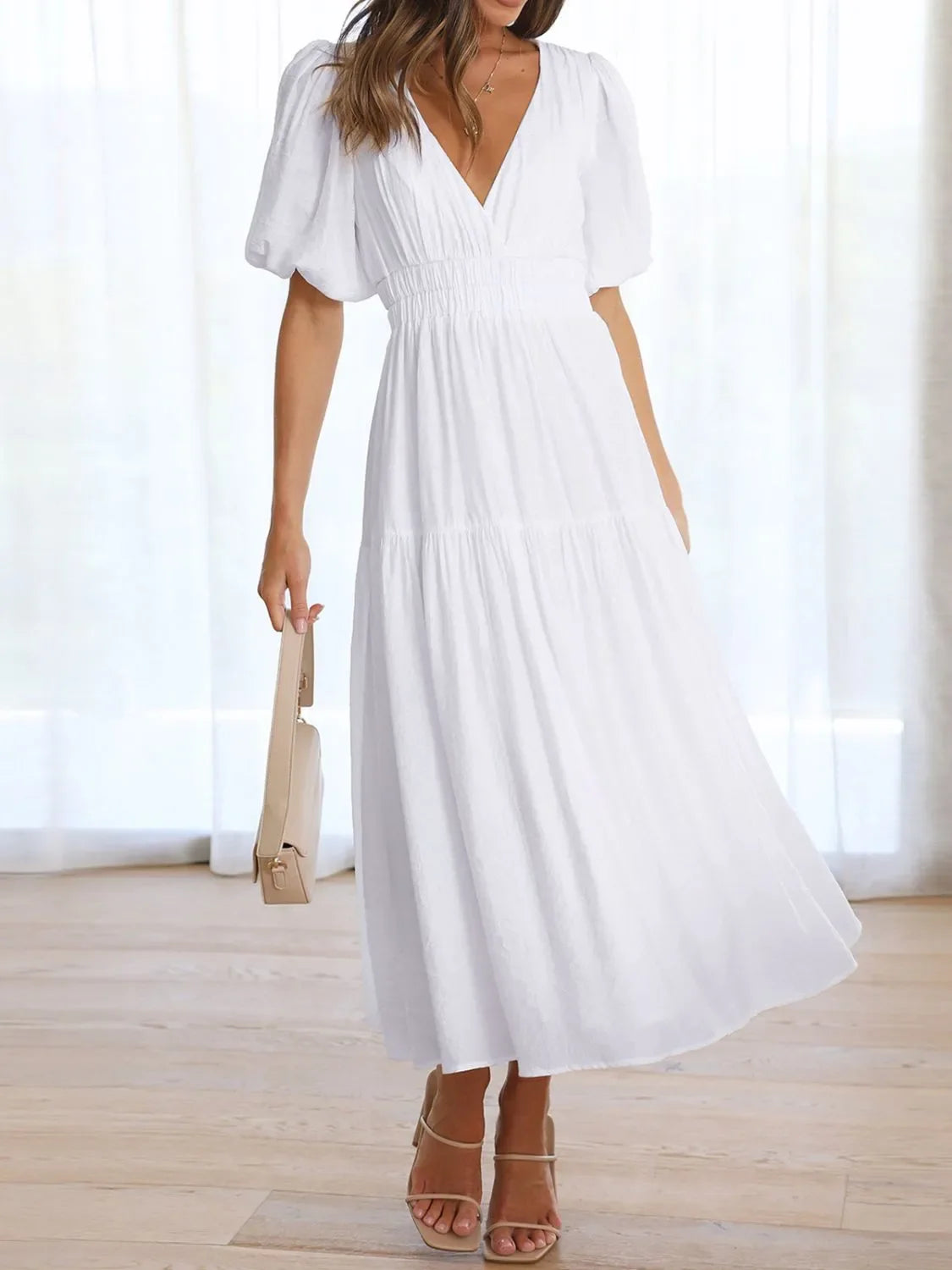 V-Neck Puff Sleeve Midi Dress | Elegant Styles at CentPrime