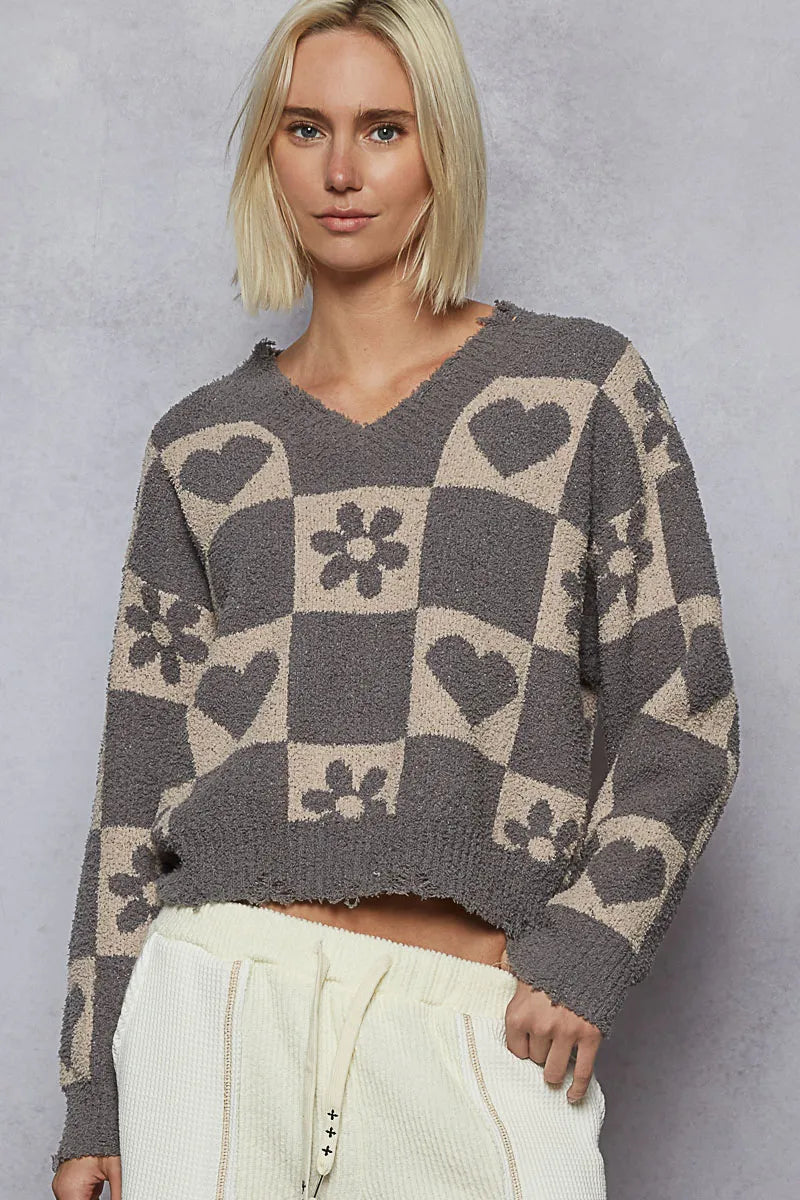 POL V-Neck Heart Pattern Top | Cute Women’s Casual Style