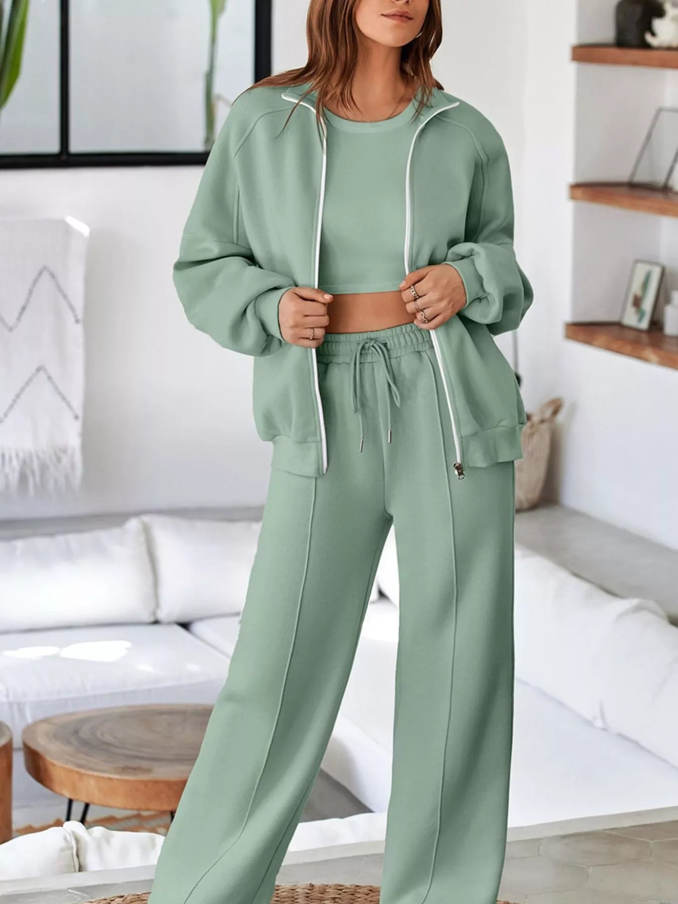 Drop Shoulder Zip Up Jacket & Drawstring Pants Set Activewear