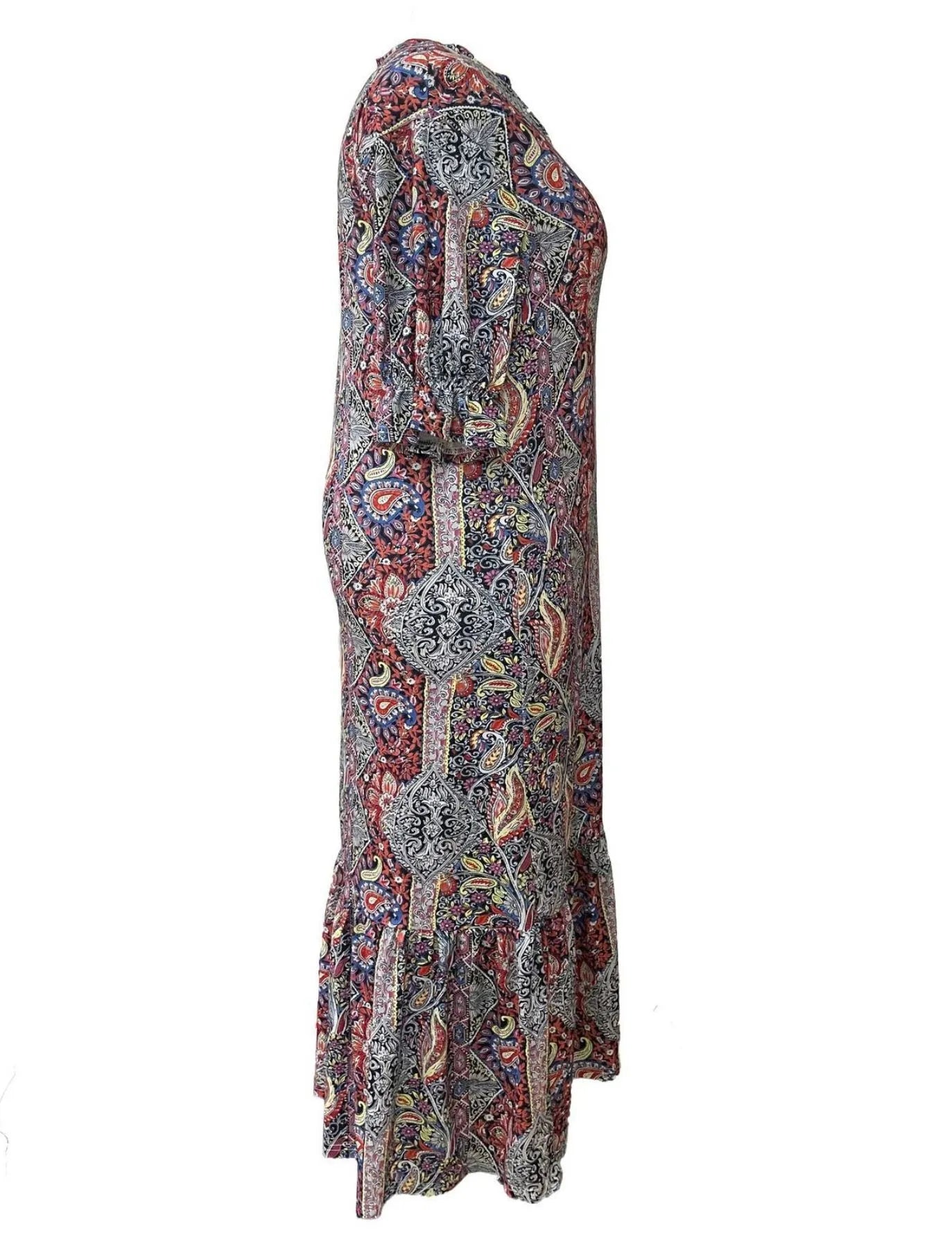 Full Size Bohemian Paisley Print Ruffle Hem Midi Dress – Plus Size