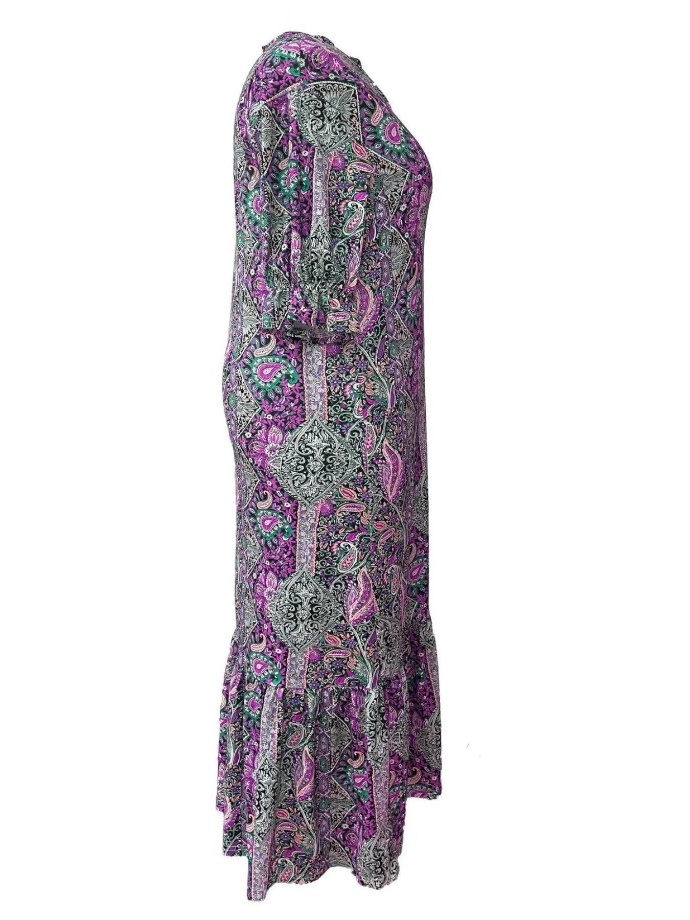 Full Size Bohemian Paisley Print Ruffle Hem Midi Dress – Plus Size