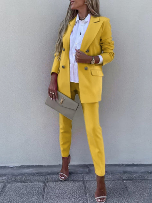 Lapel Collar Long Sleeve Blazer and Pants Set – Elegant Workwear Style