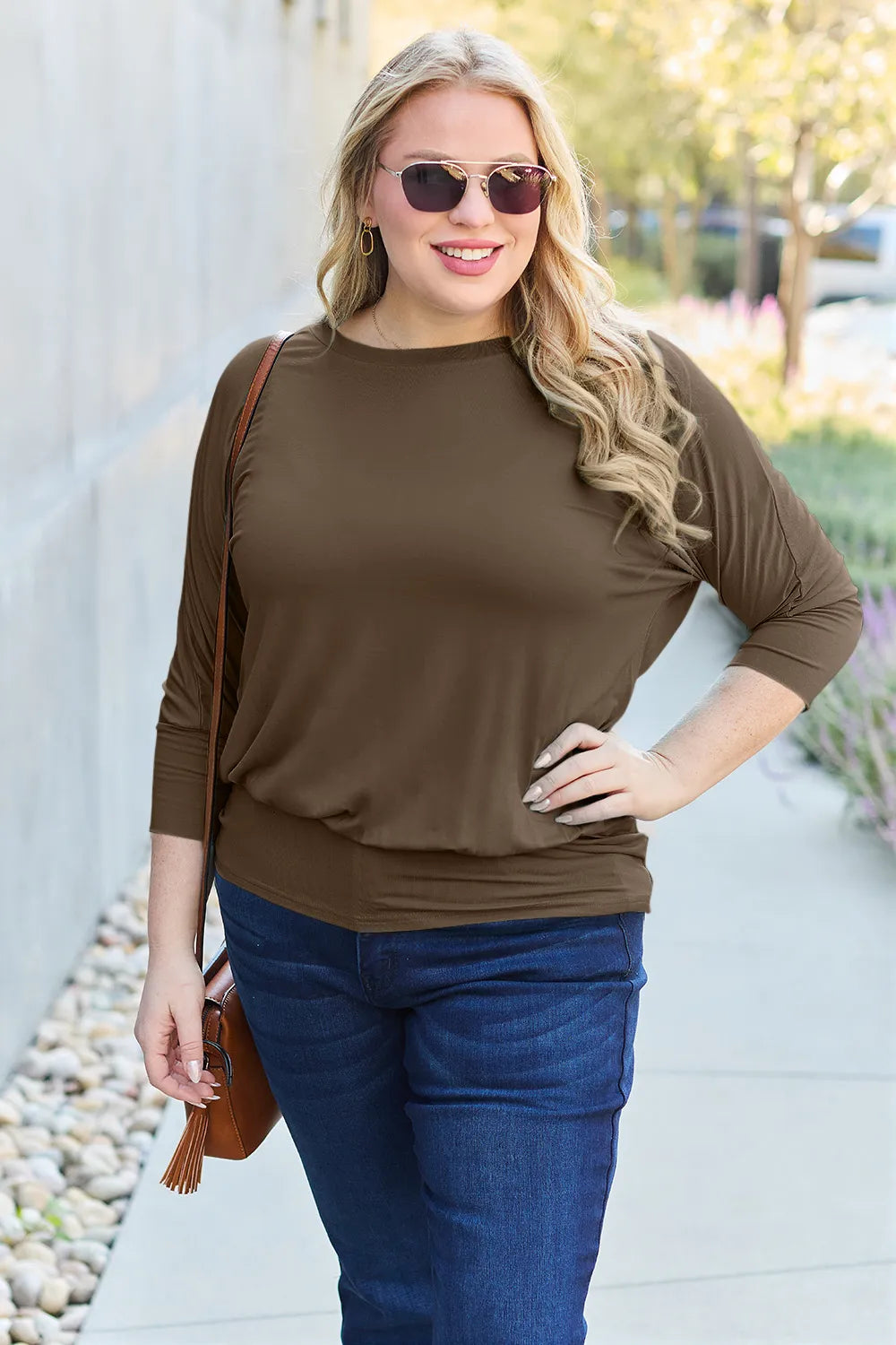 Basic Bae round neck batwing sleeve top from the front highlighting loose fit and comfortable casual style
