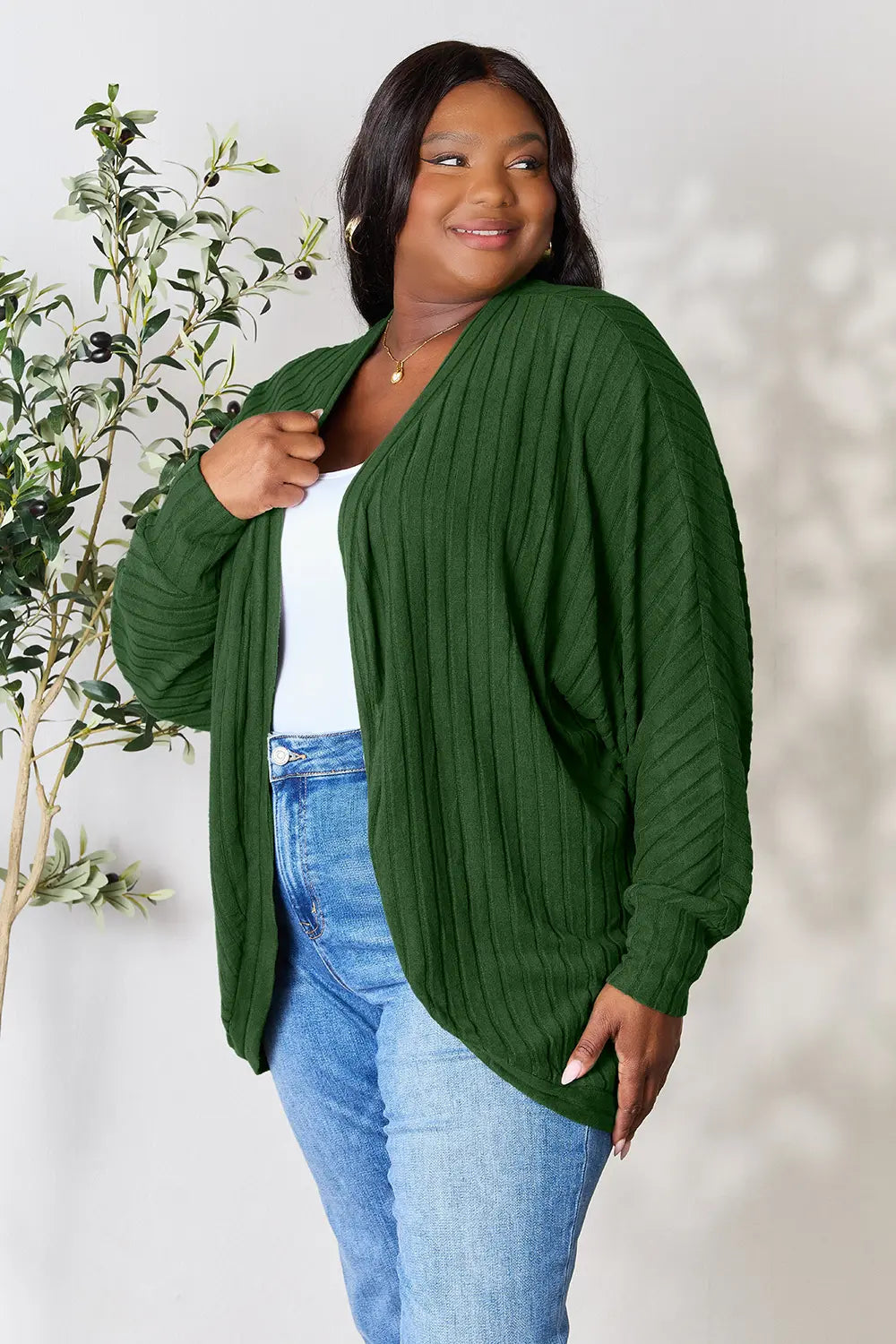 Basic Bae ribbed cocoon cardigan front look highlighting comfortable fit for full size wear
