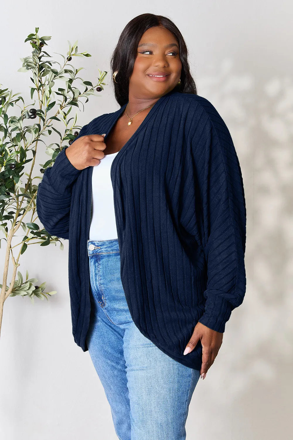 Basic Bae ribbed cocoon cardigan side profile highlighting cozy silhouette and soft knit fabric
