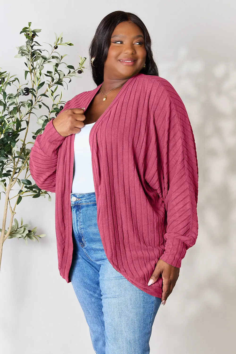 Basic Bae ribbed cocoon cardigan side profile highlighting cozy silhouette and soft knit fabric
