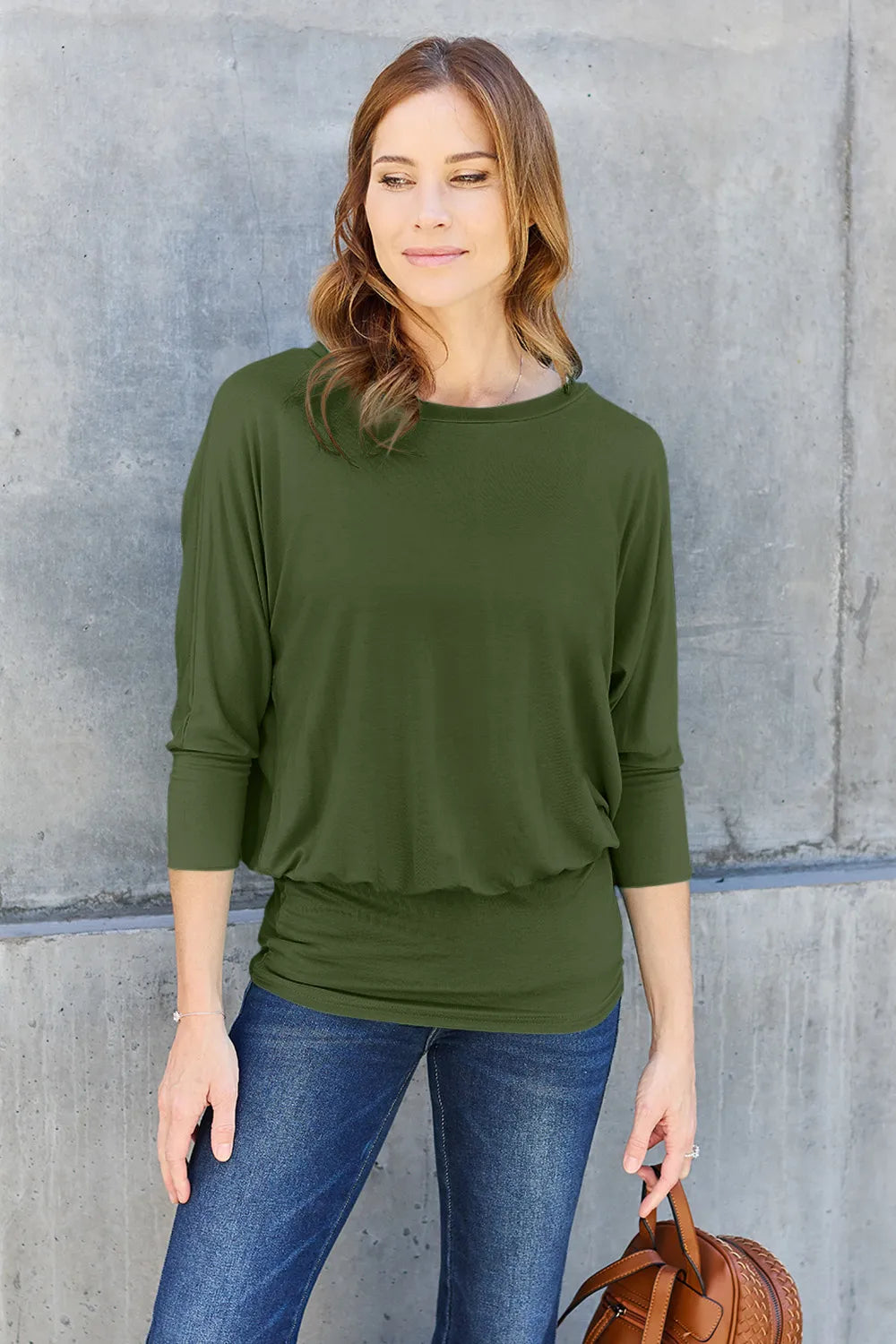 Front detail of Basic Bae full size round neck batwing sleeve top emphasizing soft fabric and roomy silhouette
