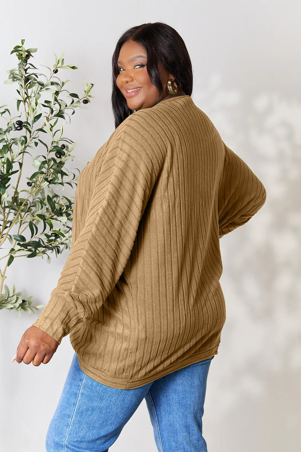 Back detail of Basic Bae full size ribbed cocoon cardigan highlighting knit texture and loose fit
