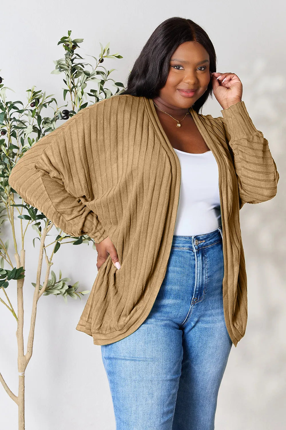 Basic Bae ribbed knit cocoon cardigan front angle emphasizing relaxed fit and everyday layering
