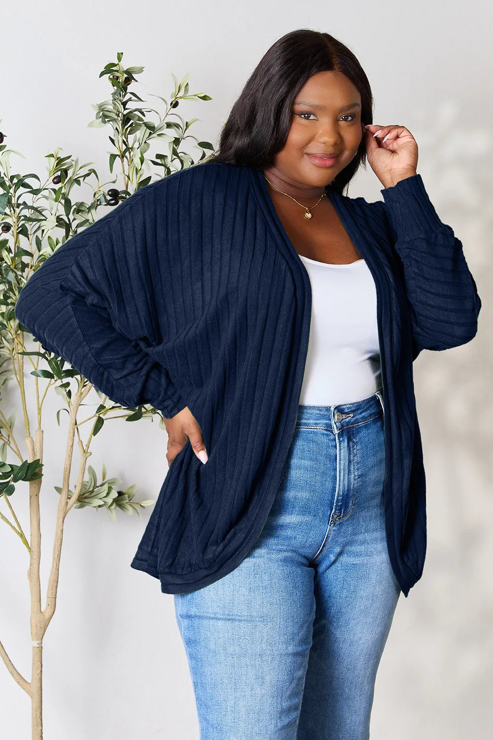 Front wear view of Basic Bae full size ribbed cocoon cardigan designed for easy everyday layering
