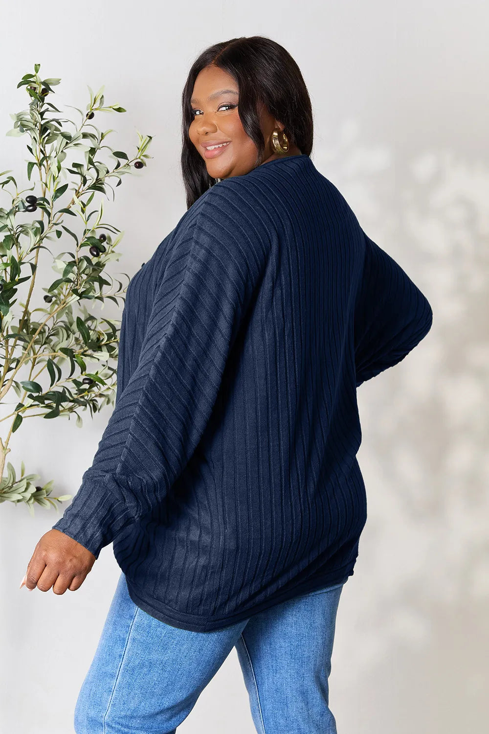 Back style view of Basic Bae full size ribbed cocoon cardigan with relaxed drape and knit design
