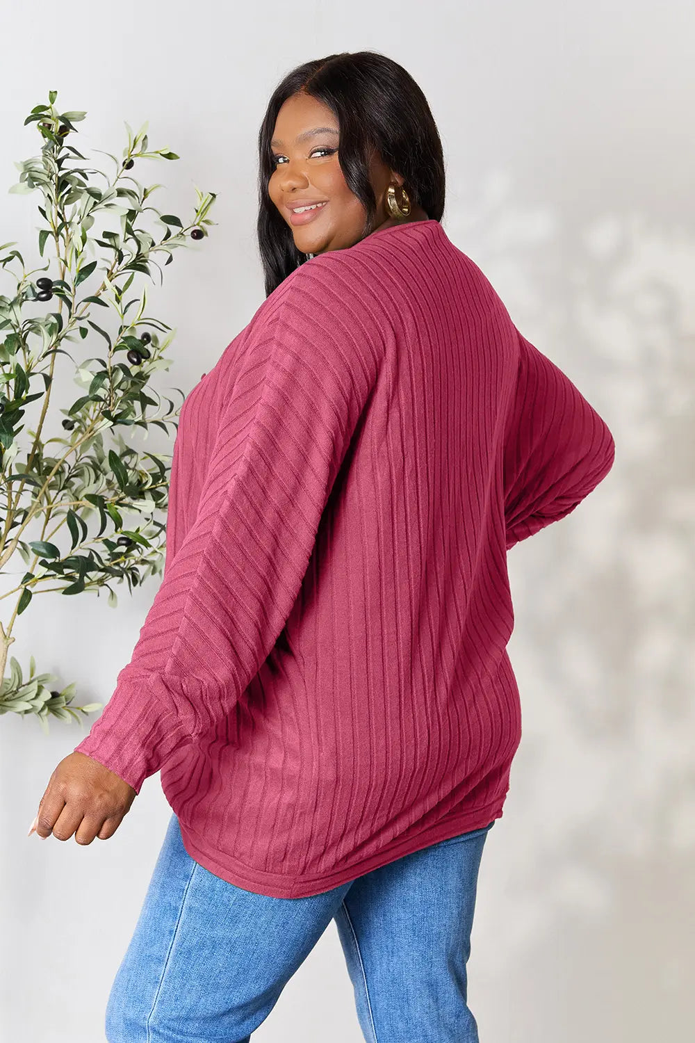 Back style view of Basic Bae full size ribbed cocoon cardigan with relaxed drape and knit design
