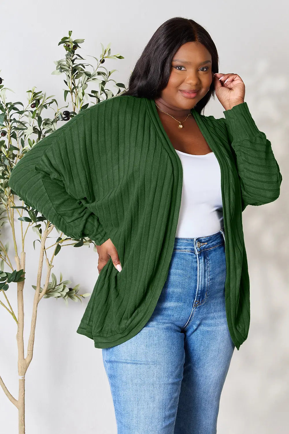 Front style view of Basic Bae full size ribbed cocoon cardigan with soft drape and modern shape
