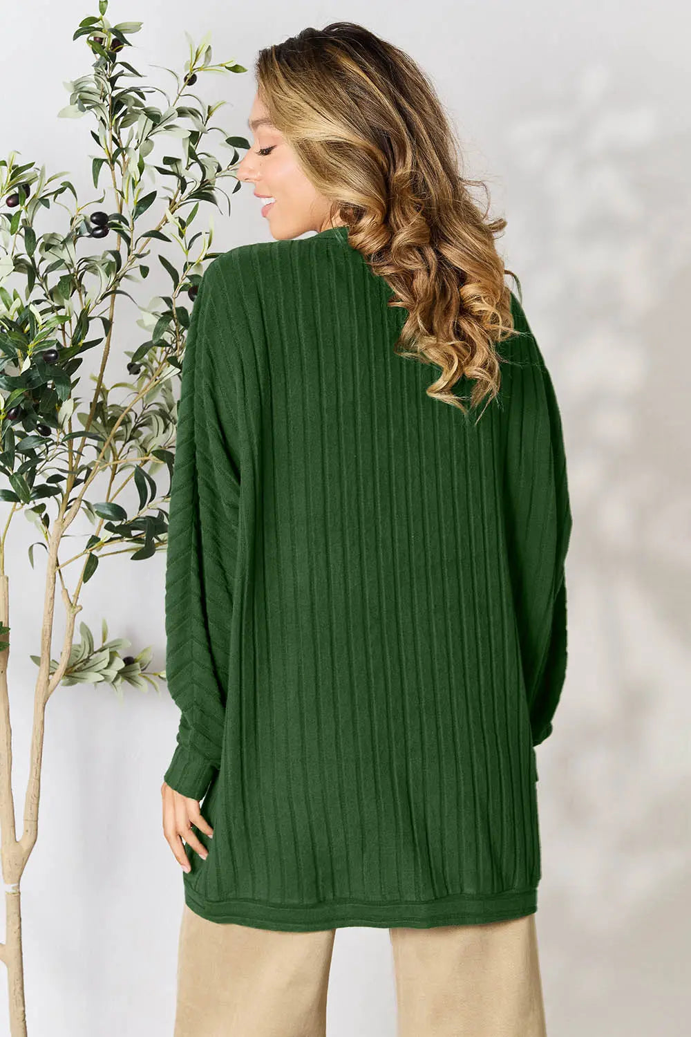 Basic Bae ribbed cocoon cardigan back fit highlighting roomy silhouette for full size wear

