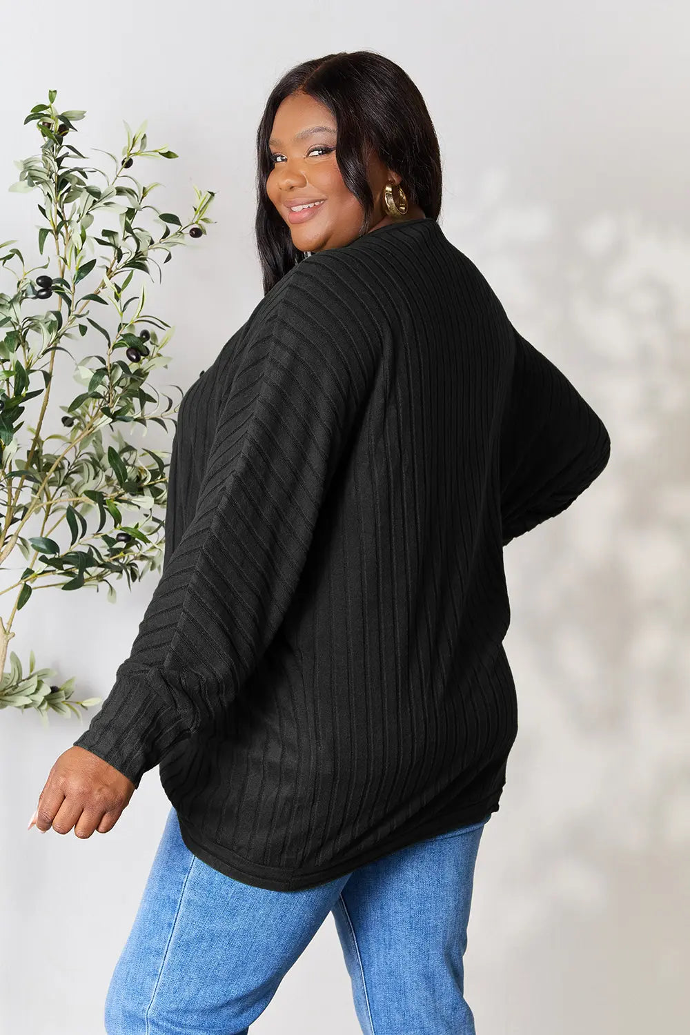 Basic Bae ribbed cocoon cardigan back view highlighting relaxed silhouette and soft knit fabric
