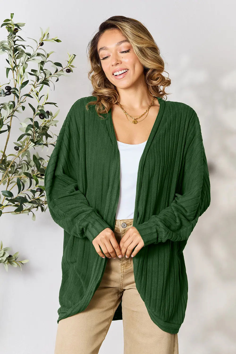 Basic Bae ribbed cocoon cardigan front fit showing roomy silhouette and cozy knit feel
