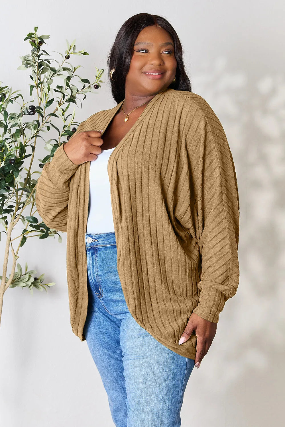 Basic Bae ribbed cocoon cardigan side angle highlighting relaxed fit and cozy knit fabric
