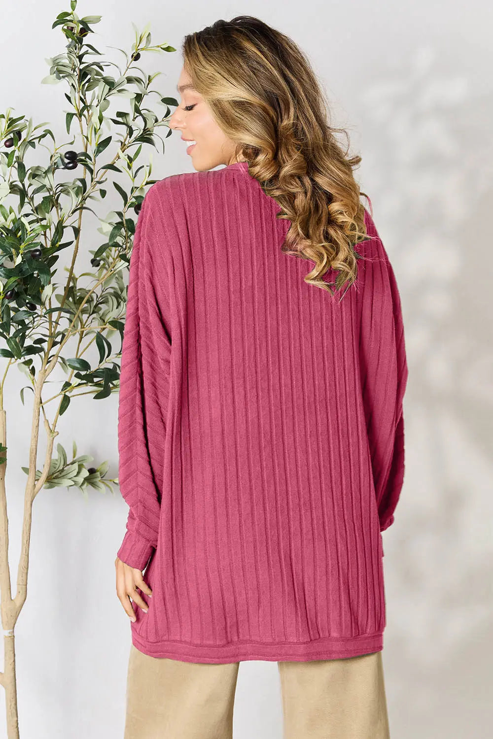 Basic Bae ribbed knit cocoon cardigan back angle showing comfortable drape and casual style
