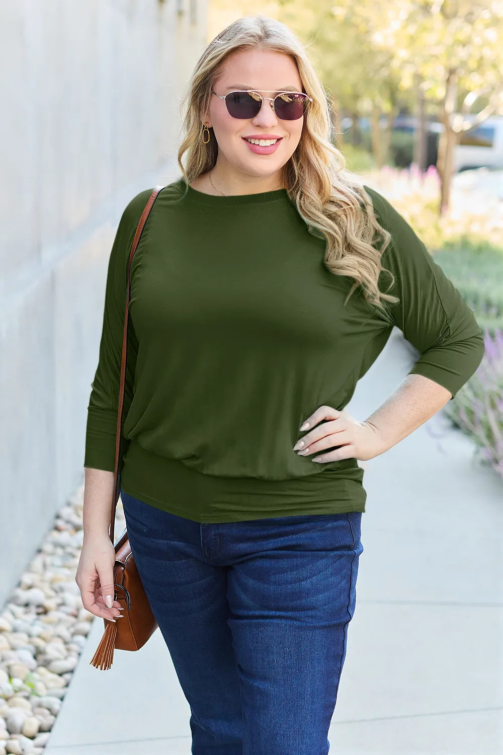 Front style view of Basic Bae full size batwing sleeve top with relaxed fit ideal for everyday wear
