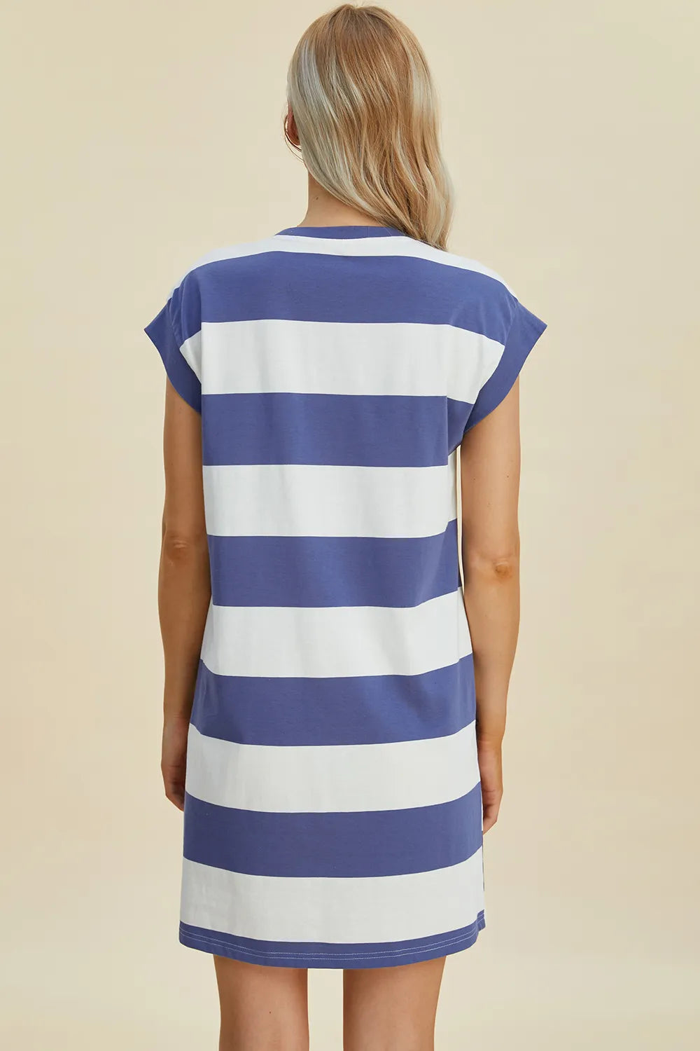 Second back view of Basic Bae cap sleeve mini dress highlighting playful striped pattern and casual style
