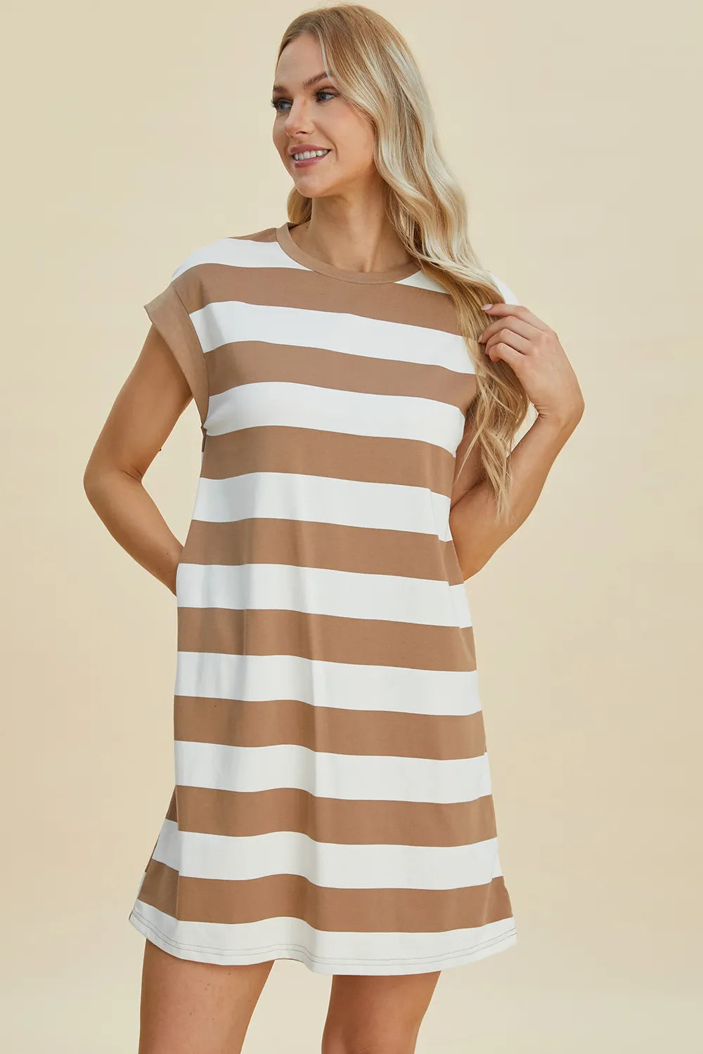 Third front view of Basic Bae mini dress showing striped pattern and relaxed summer silhouette for women
