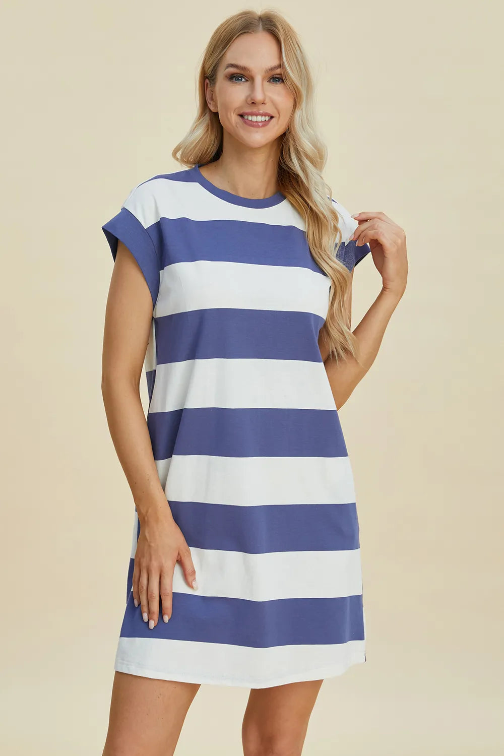 Fourth front view of Basic Bae cap sleeve mini dress featuring playful striped design and casual summer style
