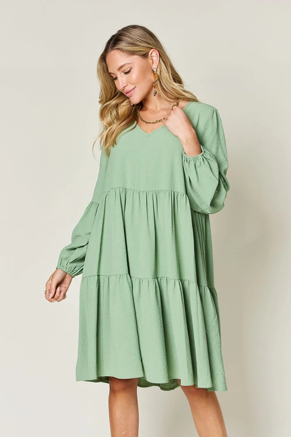 Double Take Full Size V-Neck Balloon Sleeve Tiered Dress | Pockets