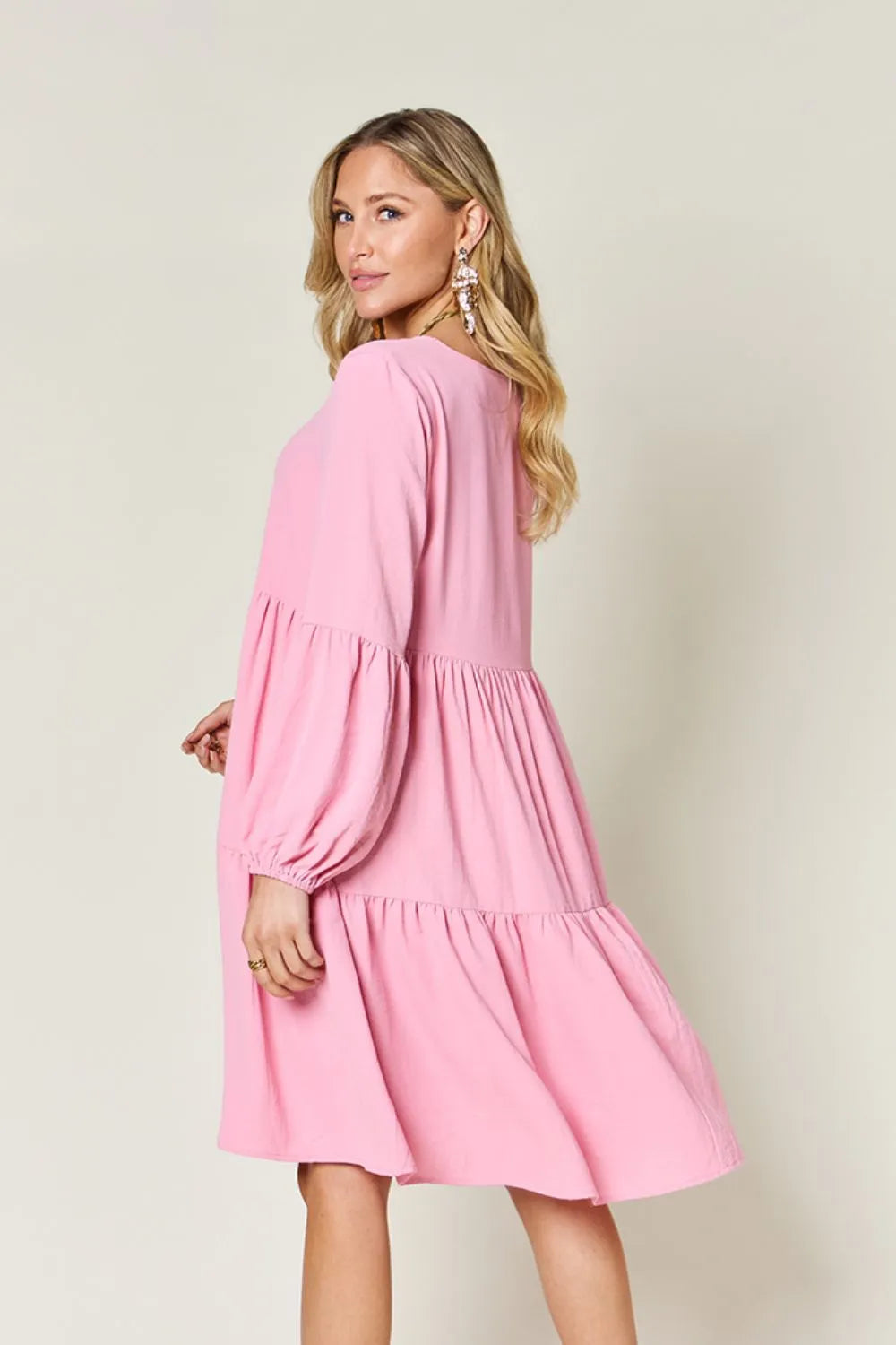 Double Take Full Size V-Neck Balloon Sleeve Tiered Dress | Pockets
