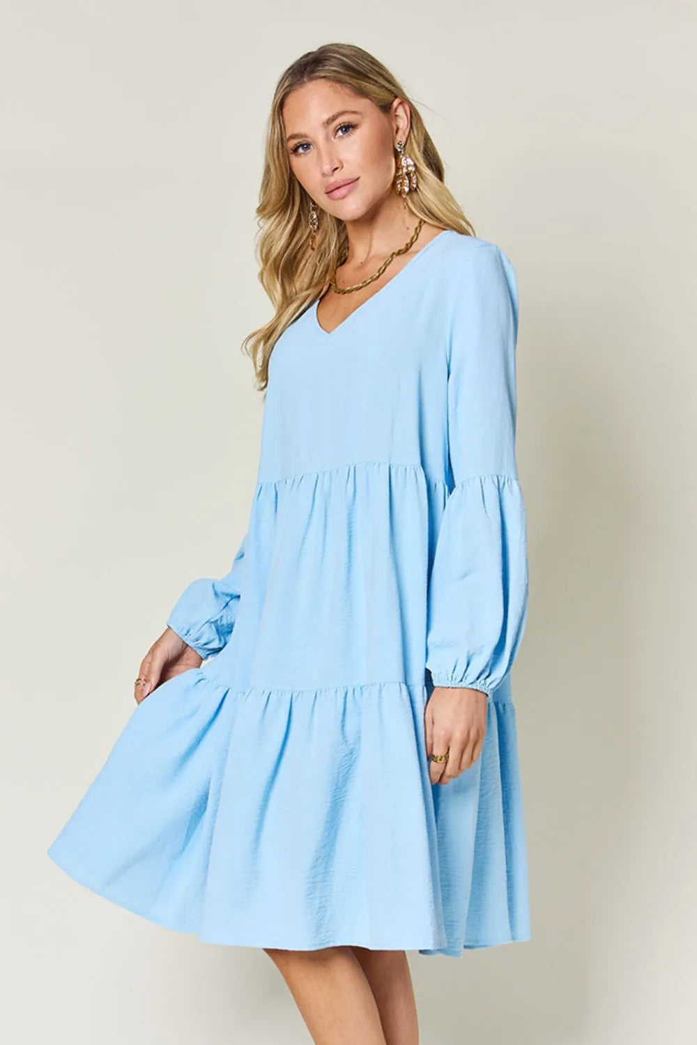 Double Take Full Size V-Neck Balloon Sleeve Tiered Dress | Pockets
