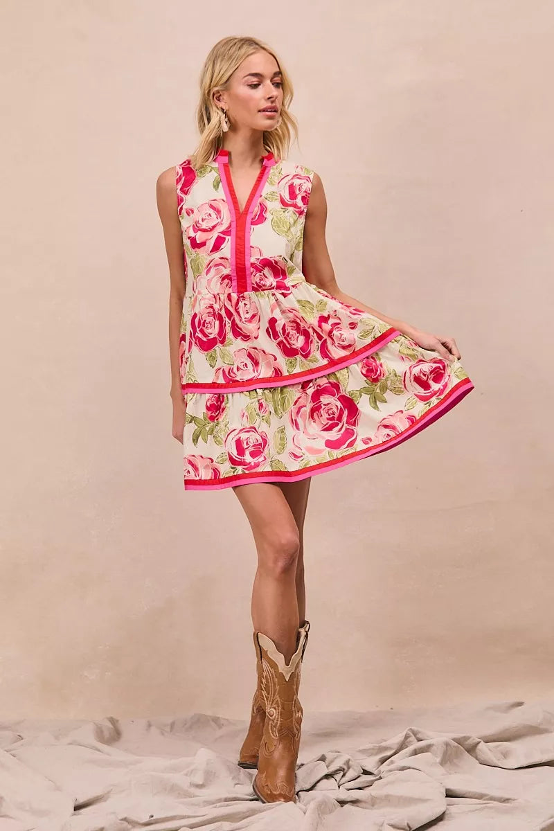 BiBi Floral Woven Contrast Edge Tiered Mini Dress | Centprime