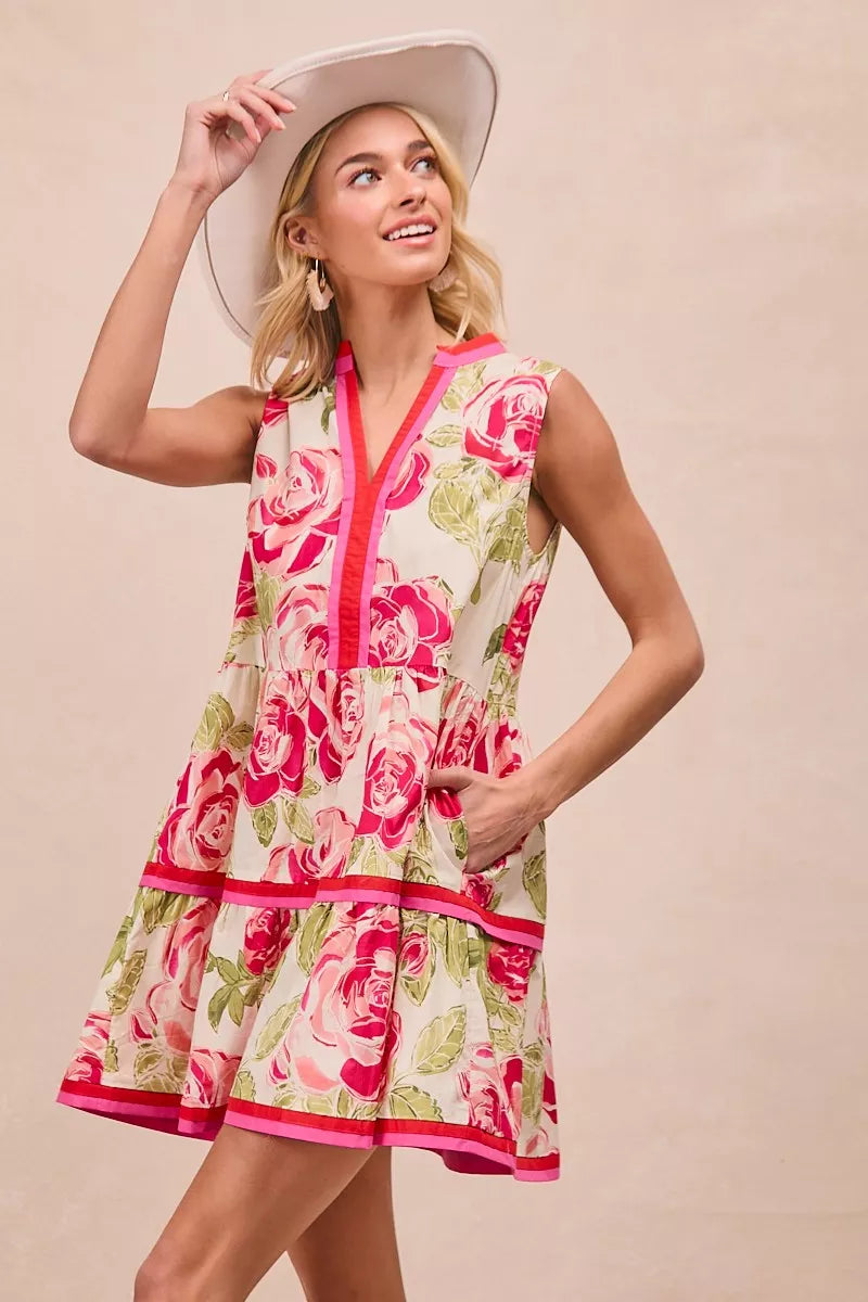 BiBi Floral Woven Contrast Edge Tiered Mini Dress | Centprime