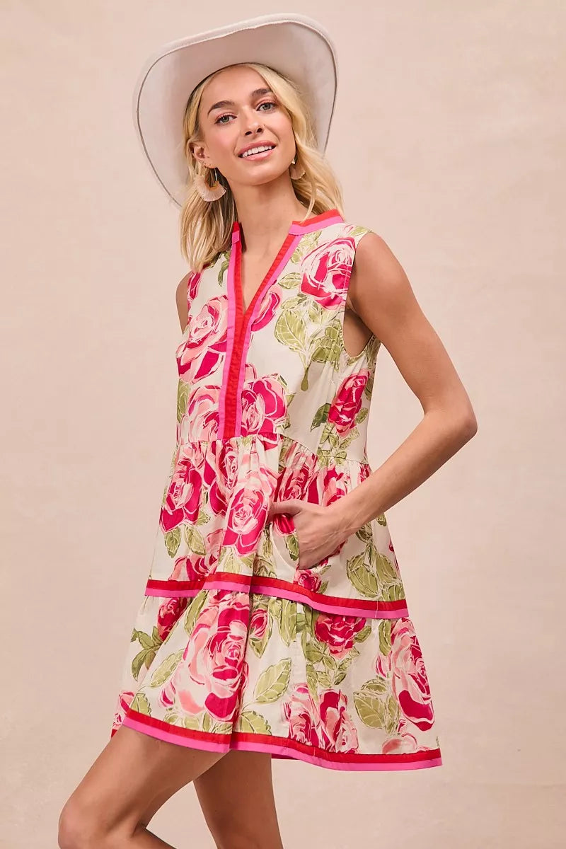 BiBi Floral Woven Contrast Edge Tiered Mini Dress | Centprime