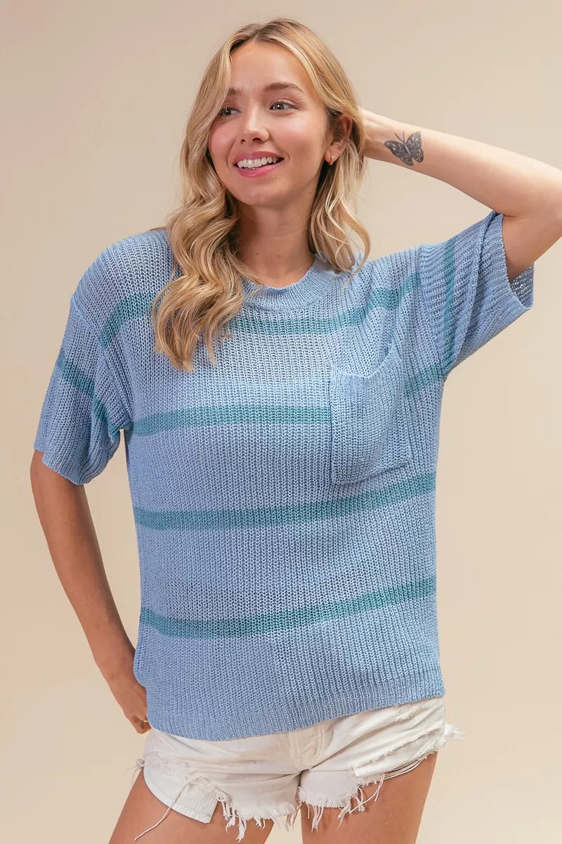 Third front view of BiBi patch pocket striped sweater showing casual relaxed fit and stylish everyday knit design
