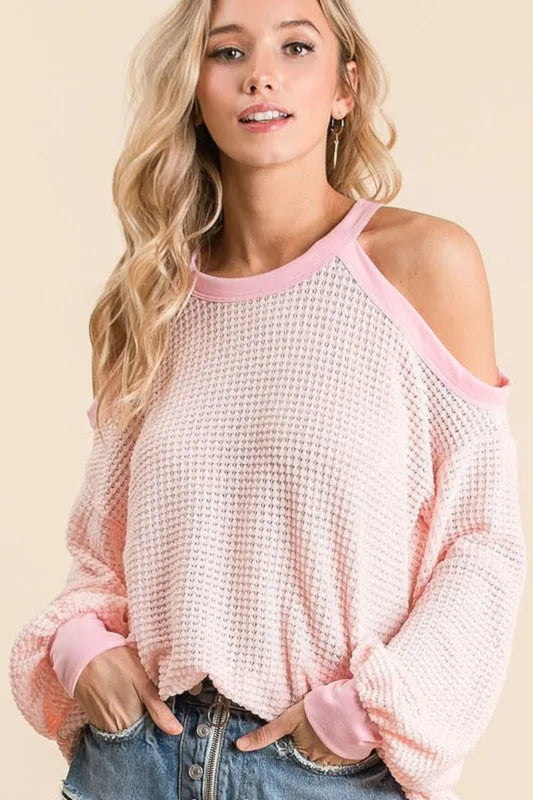 Front view of BiBi Popcorn Waffle Top with cold shoulder detail, textured waffle knit casual fashion top for US women