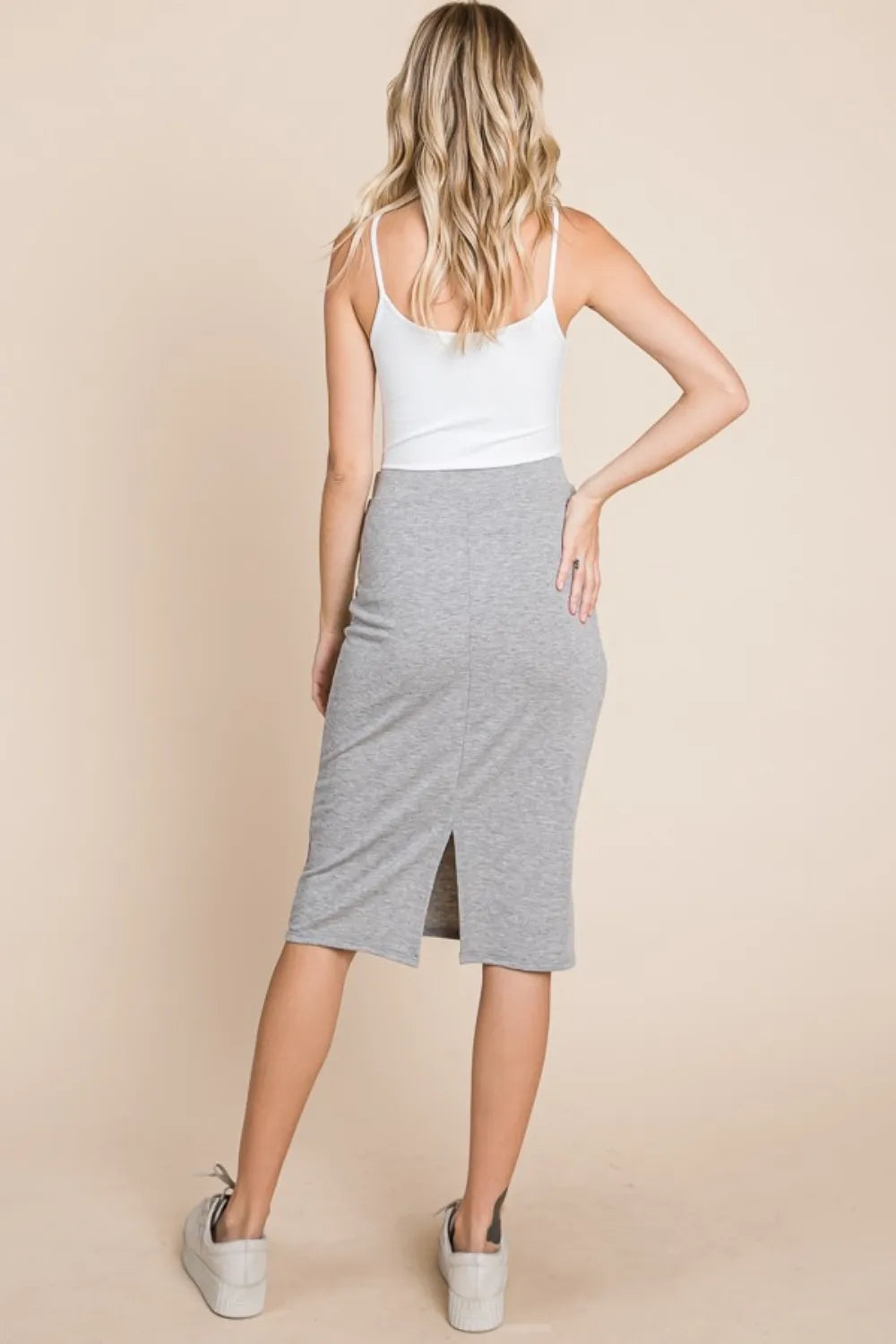 Back view of BOMBOM elastic waist pencil skirt for women showing smooth finish and flattering fit
