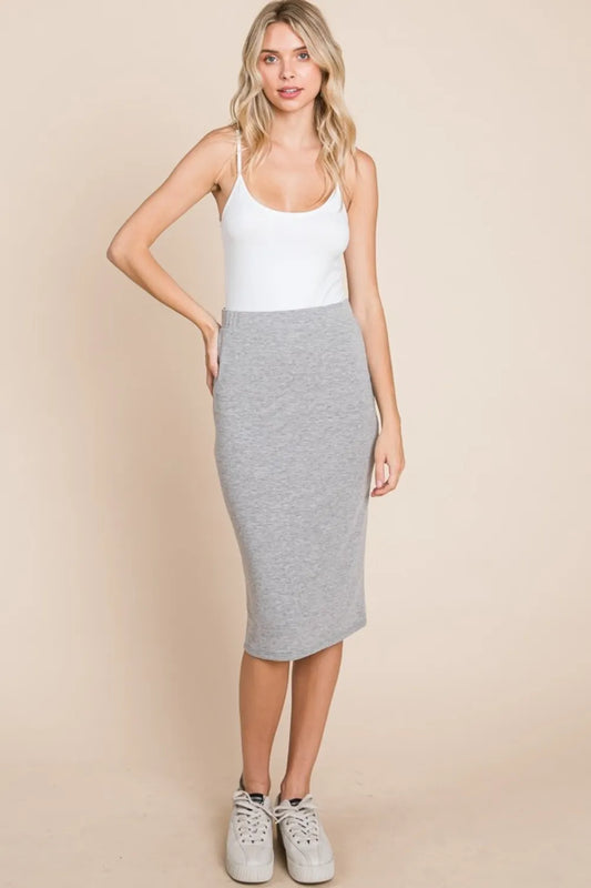 BOMBOM elastic waist pencil skirt for women, front view showing fitted silhouette and stylish design
