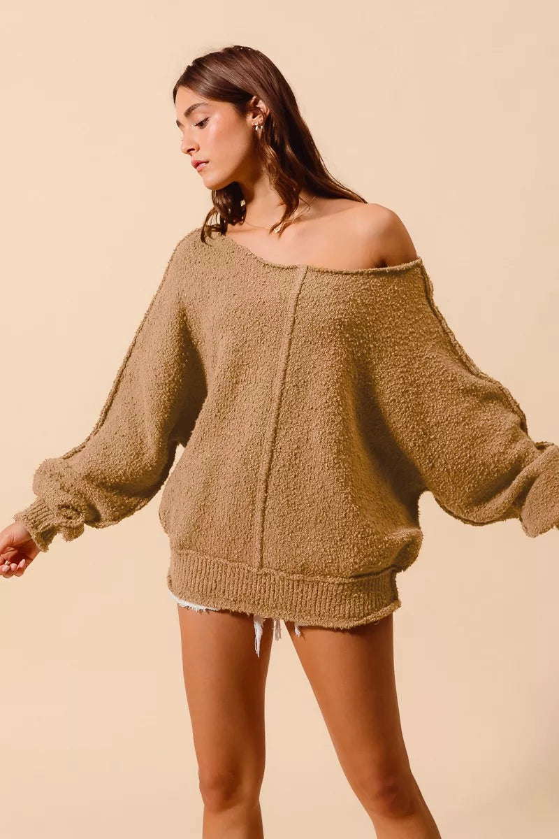 Loose Fit Exposed Seam Sweater by SO ME – Slouchy Boucle Style
