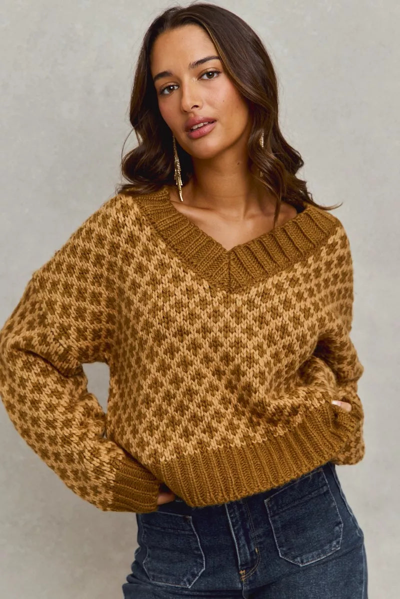 Color Block Textured Christmas Sweater by SO ME - Cozy V Neck Top