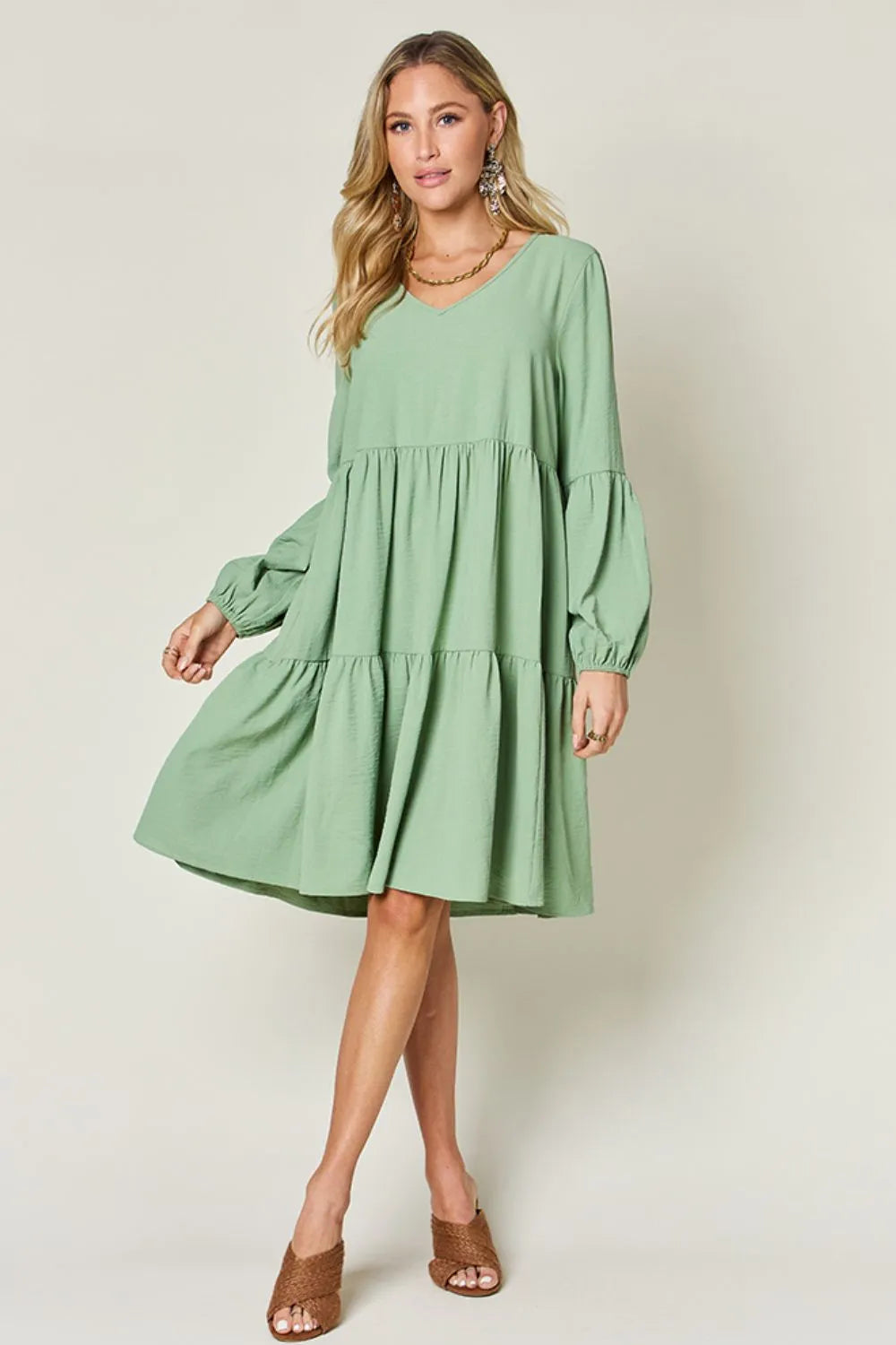 Double Take Full Size V-Neck Balloon Sleeve Tiered Dress | Pockets