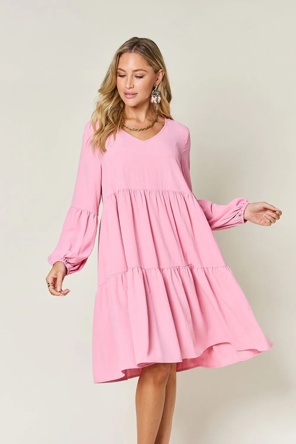Double Take Full Size V-Neck Balloon Sleeve Tiered Dress | Pockets